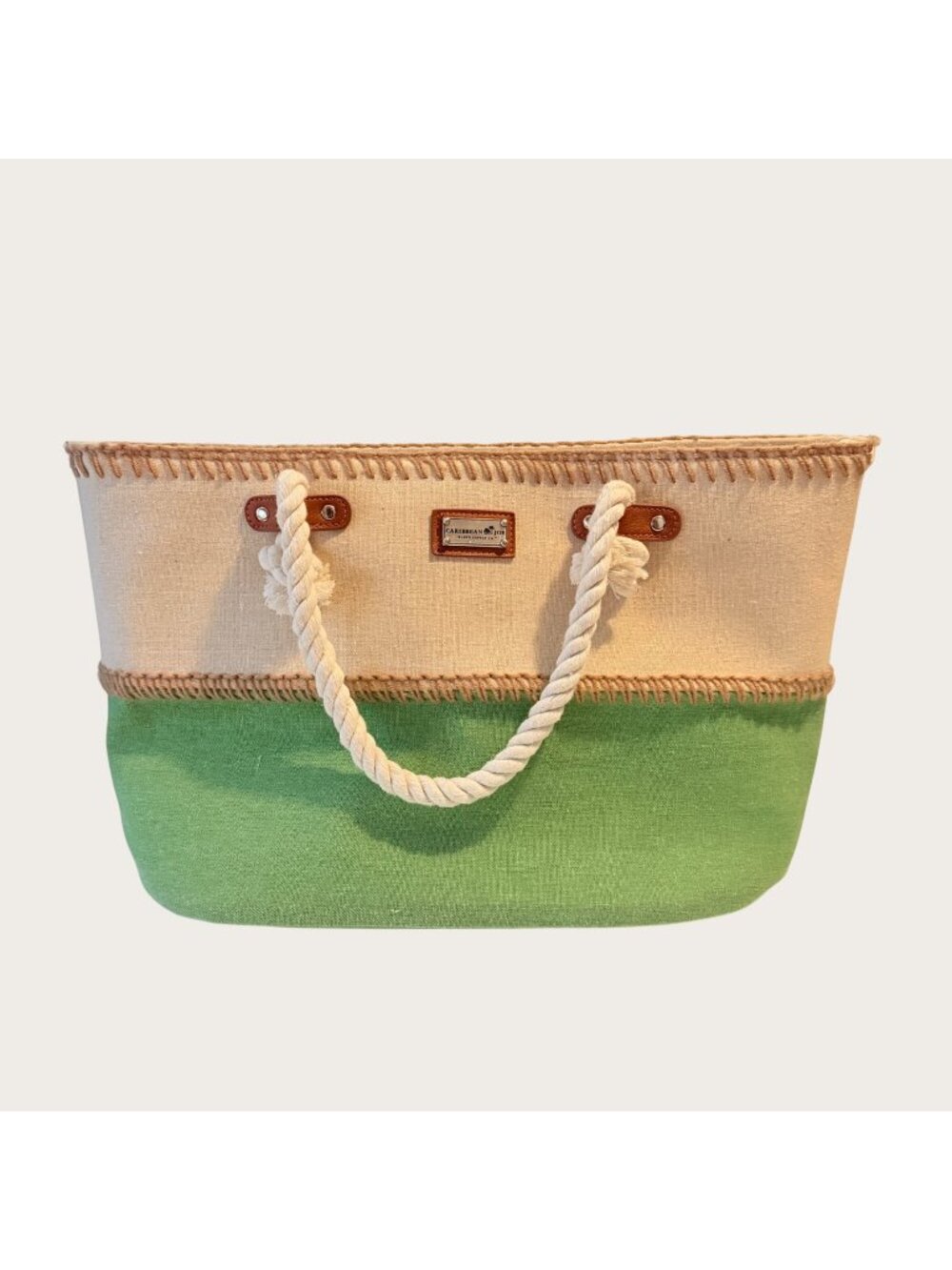 Caribbean Joe Island Supply Co Green Beige Canvas Tote Rope Handles Zip Closure
